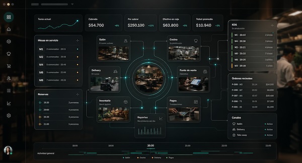 Real-time restaurant operations hub with dining room and kitchen status